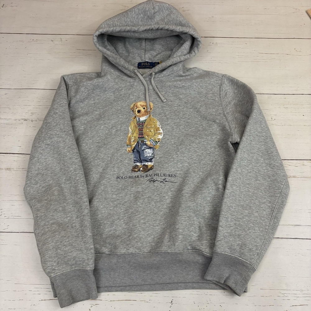 Polo Ralph Lauren Hoodie Mens M Gray Polo Bear Pullover Graphic Sweatshirt